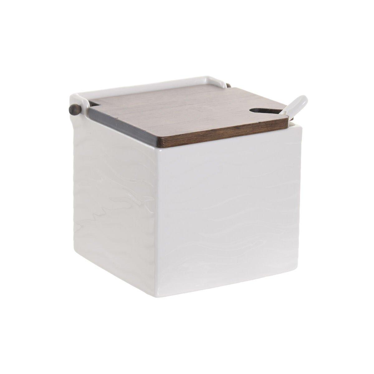 Salero con Tapa Home ESPRIT Blanco Marrón oscuro Bambú Porcelana 13 X 12 X 12,5 CM