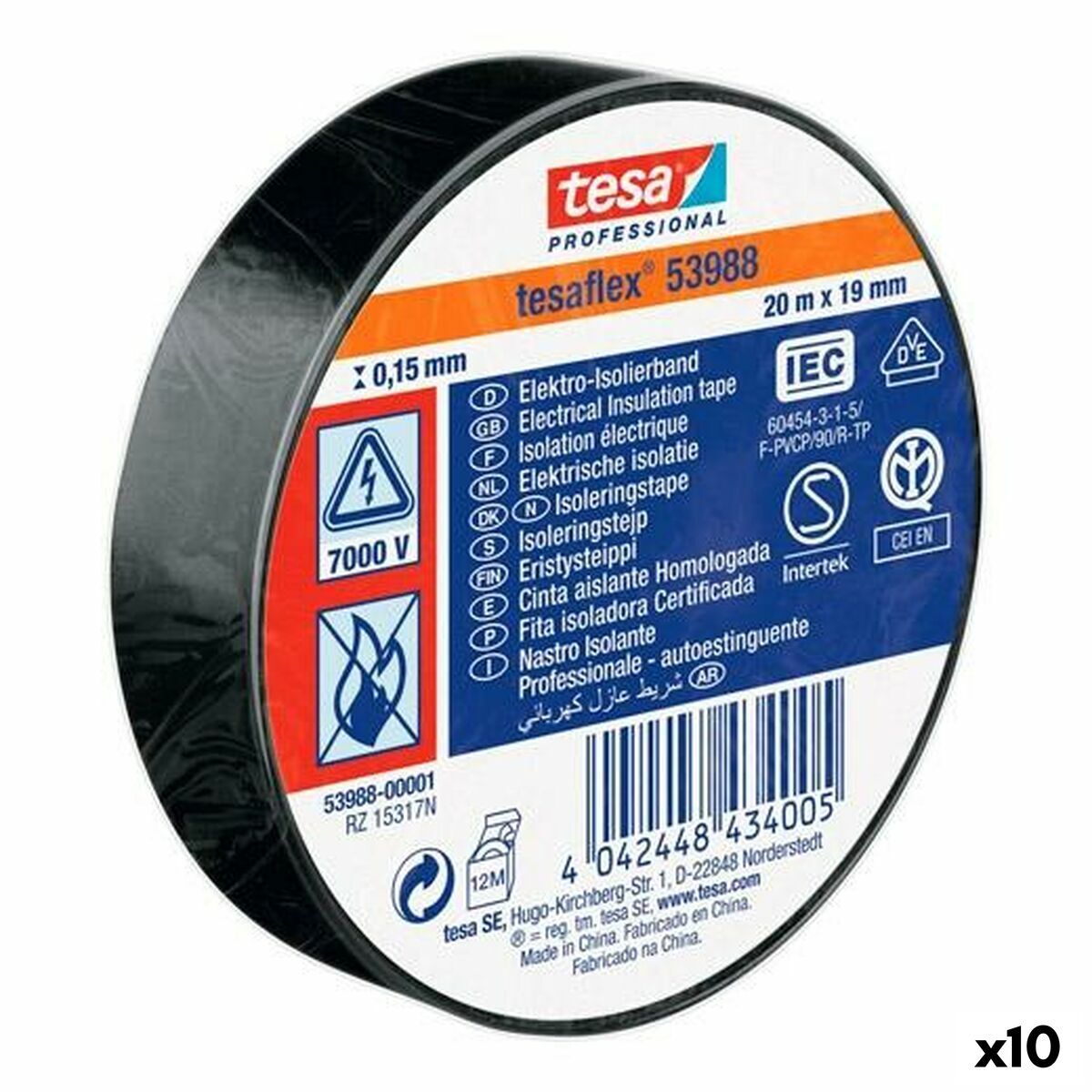 Cinta aislante TESA Negro PVC (10 Unidades)