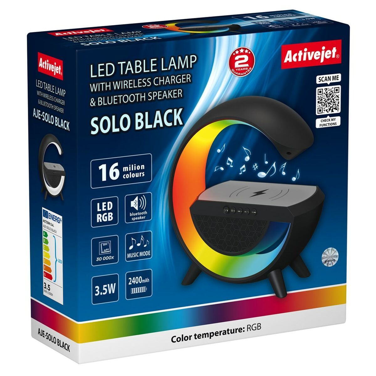 Lámpara de escritorio Activejet AJE-SOLO RGB Black Negro Multicolor Plástico 2,8 x 43,5 x 8 cm