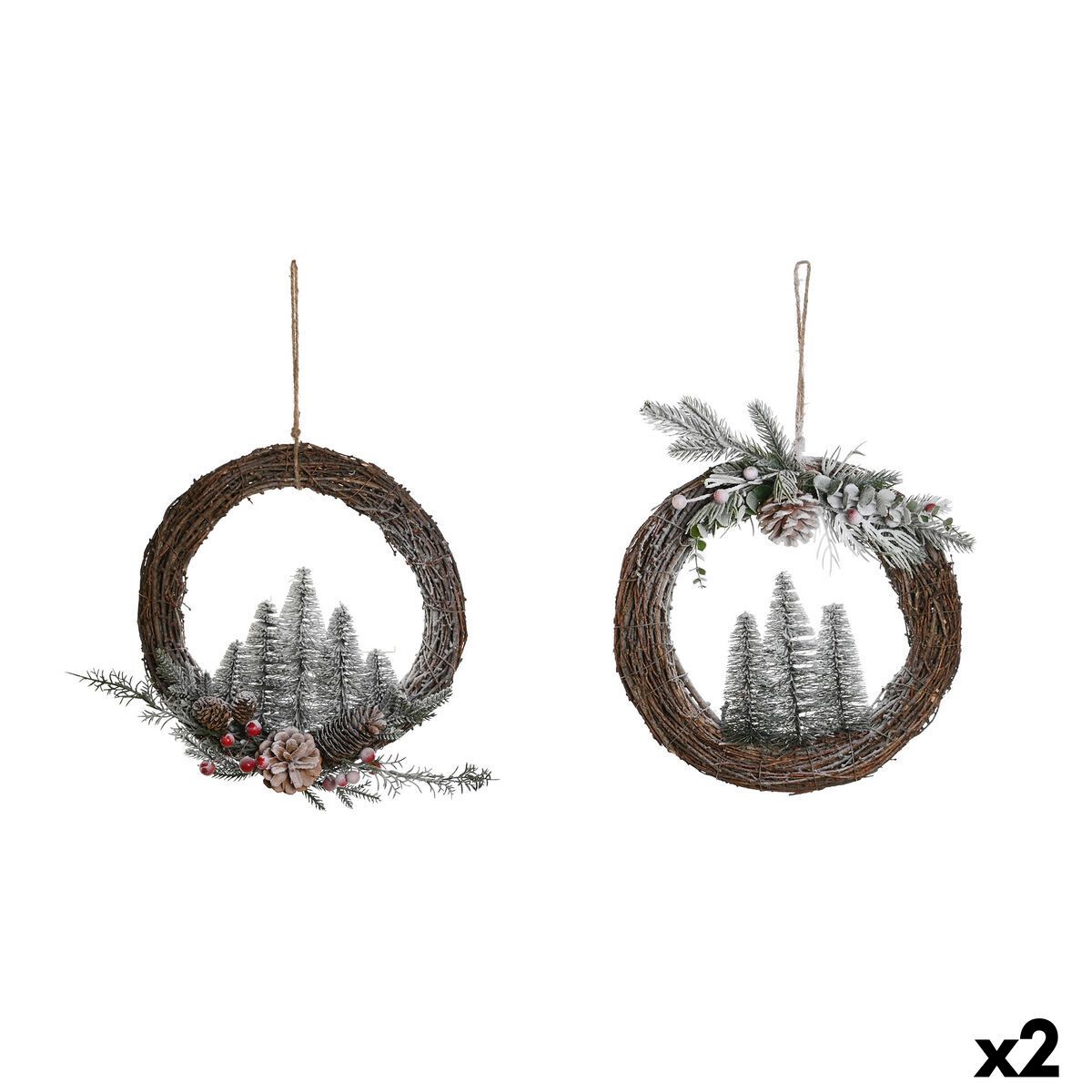 Corona de Navidad DKD Home Decor Natural Mimbre Piña Nevado 32 x 7 x 32 cm (2 Unidades)