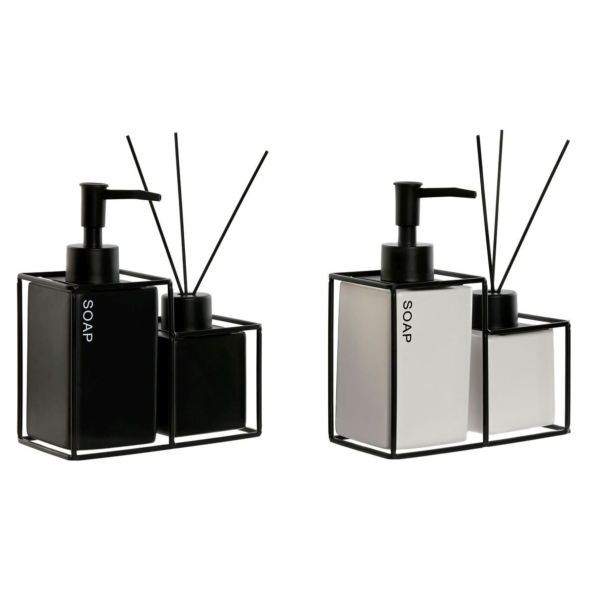 Set de Baño Home ESPRIT Blanco Negro Metal Dolomita 14,5 x 8 x 17 cm 2 Piezas (2 Unidades)