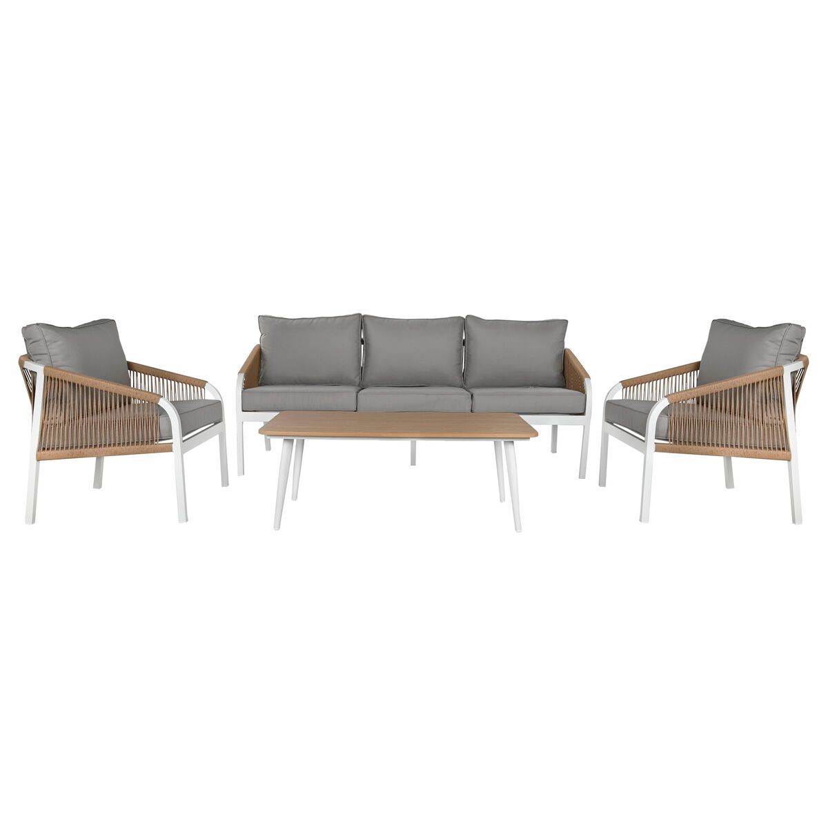 Conjunto de Mesa con 3 Sillones Home ESPRIT Blanco Natural Gris claro 189 x 73 x 84 cm (4 Piezas)