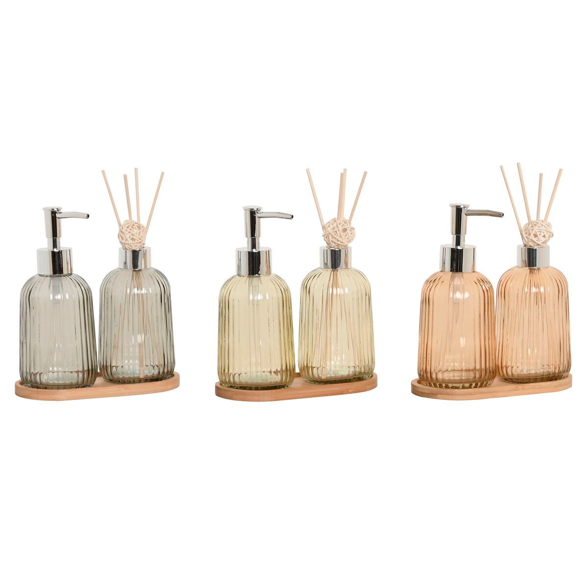 Set de Baño Home ESPRIT Gris Naranja Ambar Bambú Cristal 3 Piezas