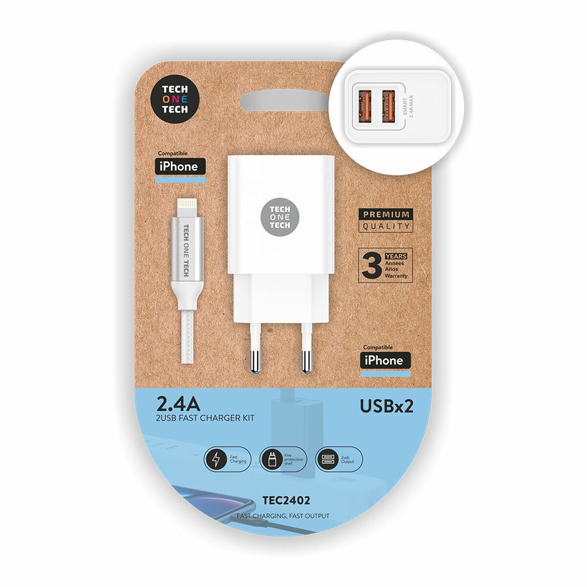 Cargador de Pared +Cable Lightning MFI Tech One Tech TEC2402 Blanco Doble Lightning