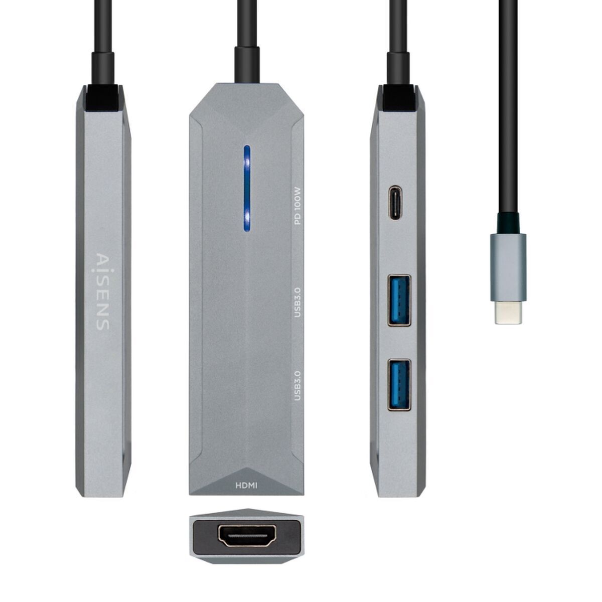 Hub USB-C Aisens ASUC-4P002-GR Gris 100 W
