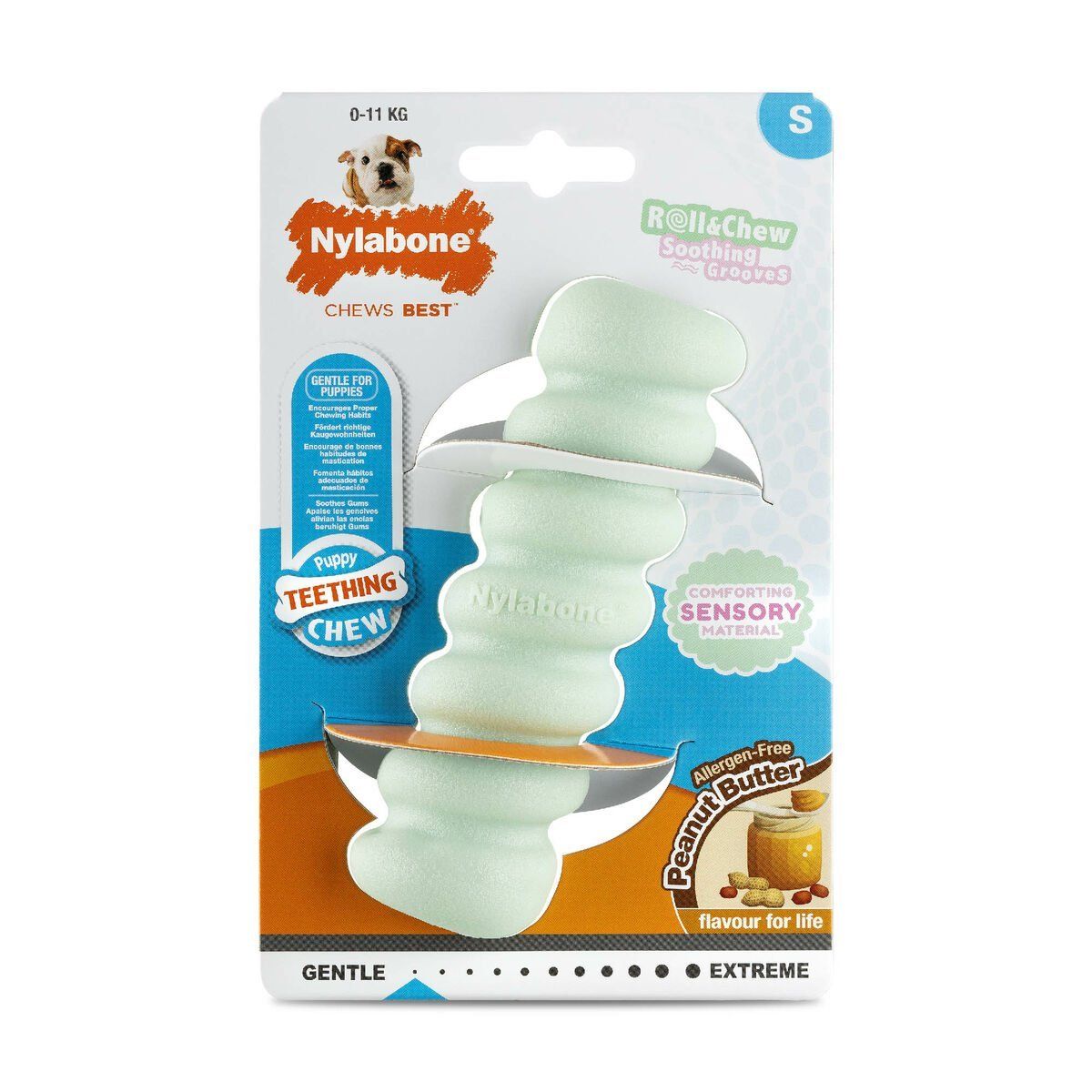 Mordedor de perro Nylabone SENSORY TACTILE STICK Verde Manteca de cacahuete Bacon S
