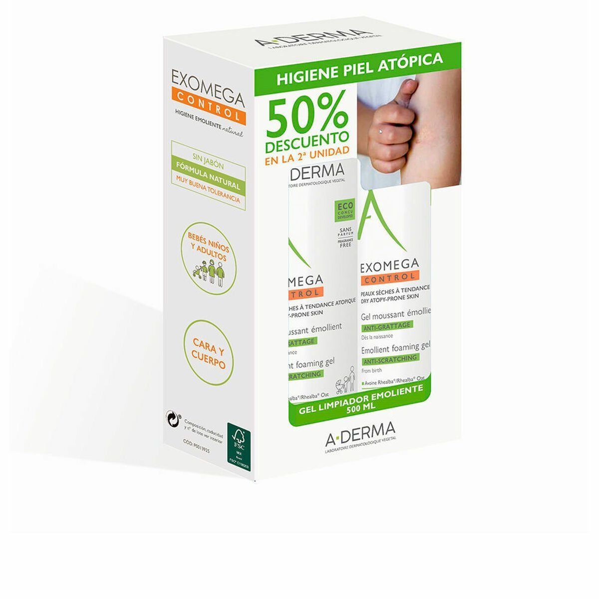 Espuma Limpiadora A-Derma Exomega Control Gel Espumoso Emoliente 500 ml 2 Piezas