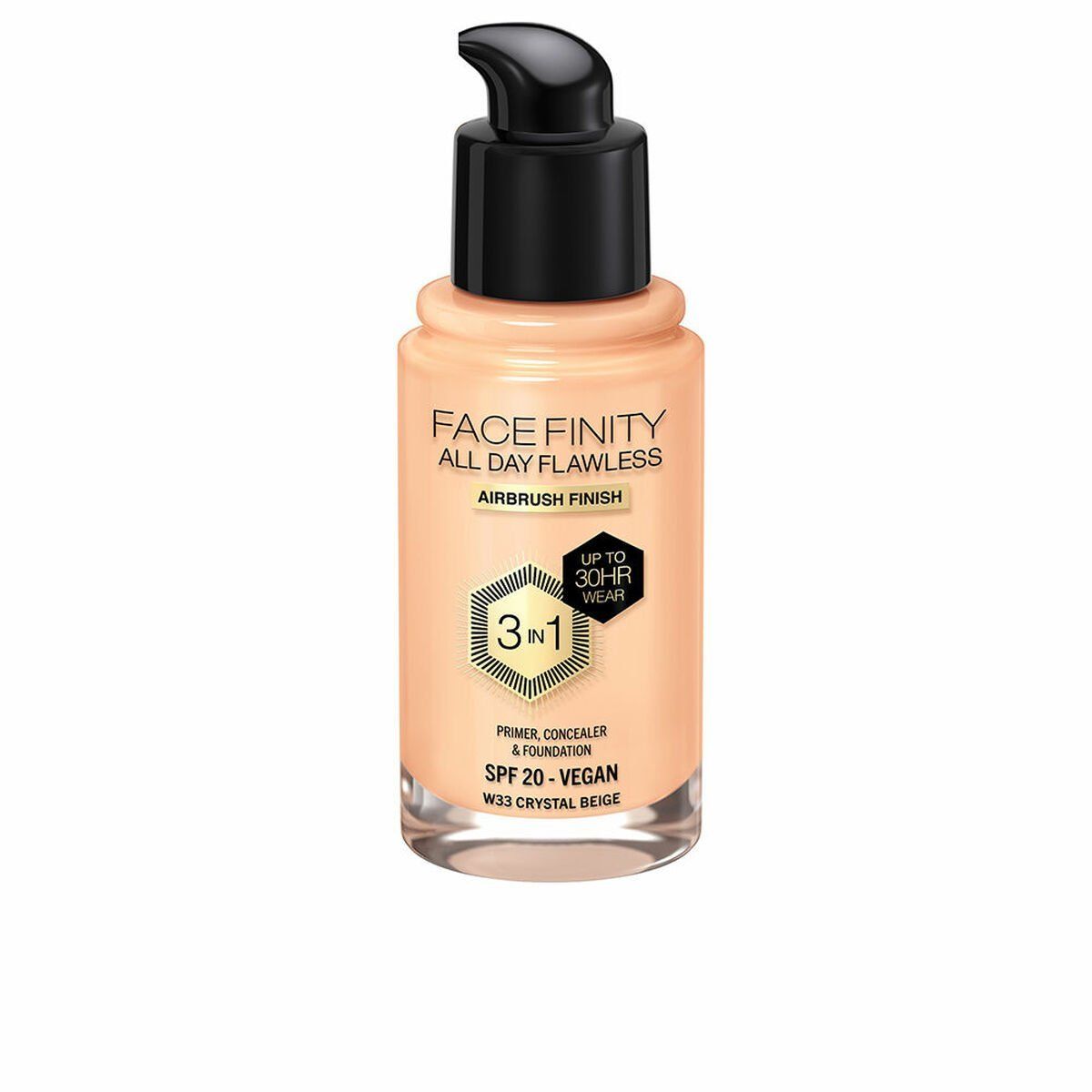 Base de Maquillaje Cremosa Max Factor Face Finity All Day Flawless Nº W33 Crystal beige W33-Crystal Beige Spf 20 30 ml 3 en 1