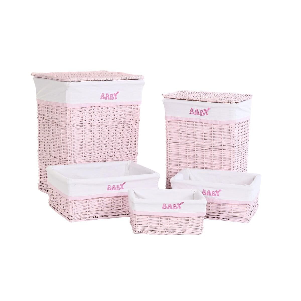 Cesto para la Ropa DKD Home Decor Rosa Mimbre Infantil 44 x 34 x 56 cm 5 Piezas