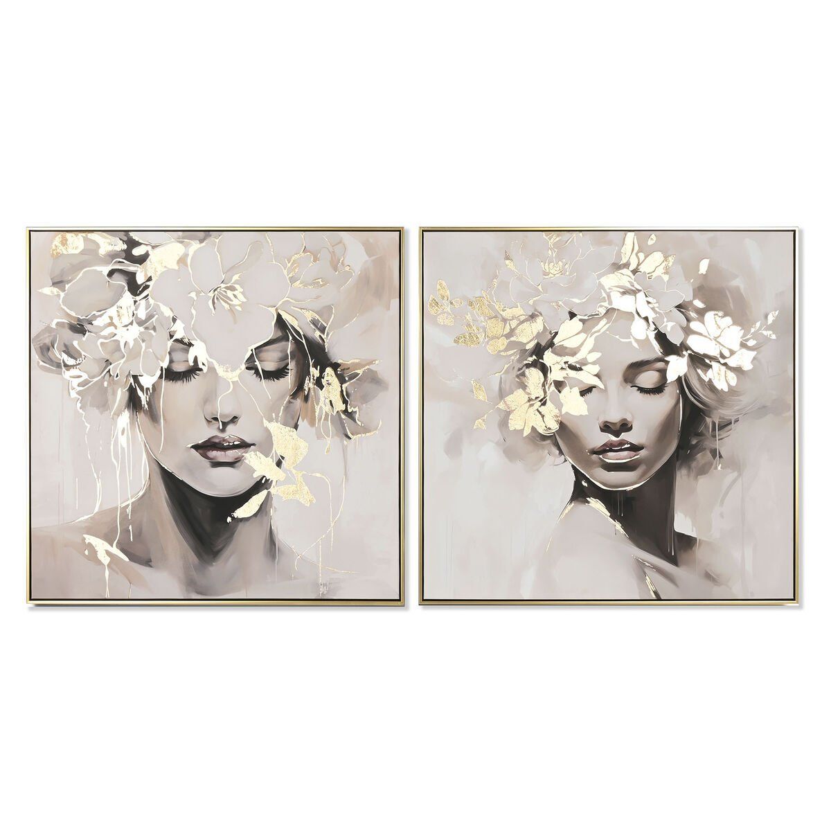 Lienzo Home ESPRIT Blanco Beige Dorado Flores 82,3 x 4,5 x 82,3 cm 82,5 x 4,5 x 82 cm 82,5 x 3,7 x 82 cm (2 Unidades)