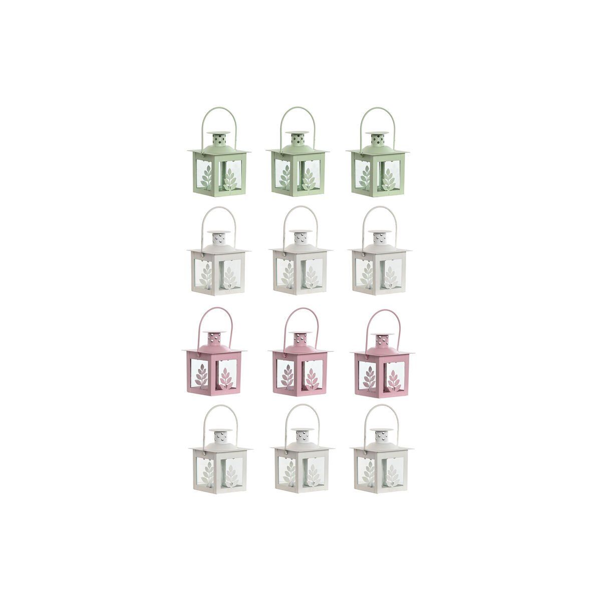 Set de faroles Home ESPRIT Blanco Verde Rosa Cristal Hierro Shabby Chic 7 x 7 x 10 cm (3 Piezas) (4 Unidades)
