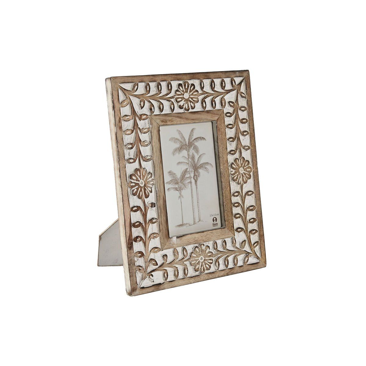 Marco de Fotos Home ESPRIT Blanco Natural Cristal Madera de mango Flor Indio 21 x 2 x 26,5 cm
