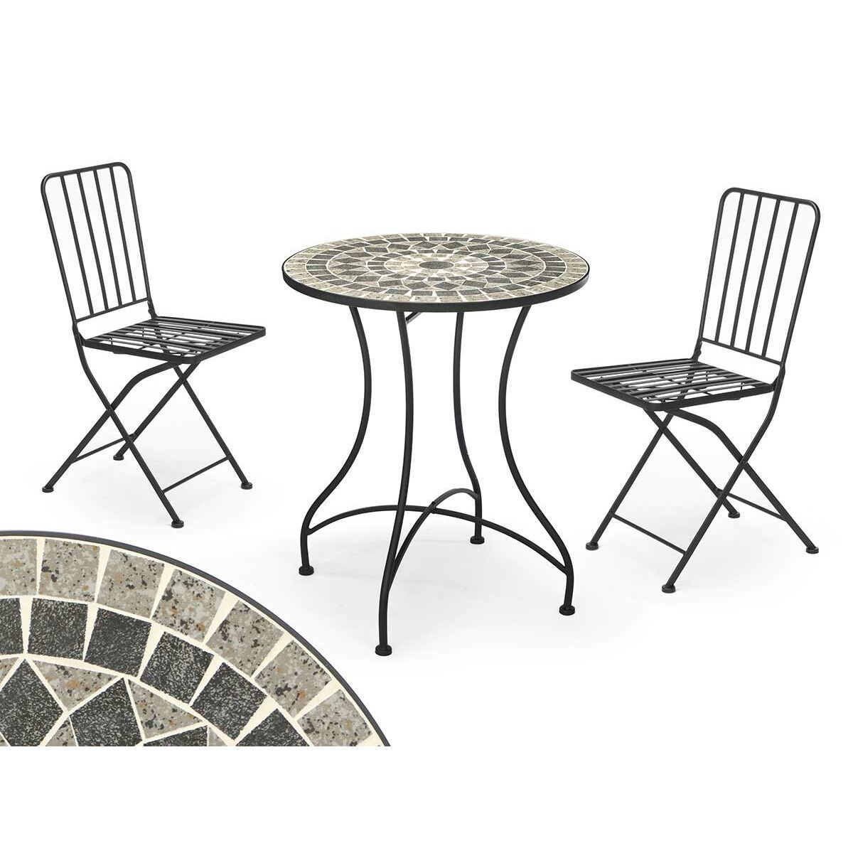 Mesa con 2 sillas Ibergarden Mosaico-Forja Negro Gris 100 x 30 x 65 cm