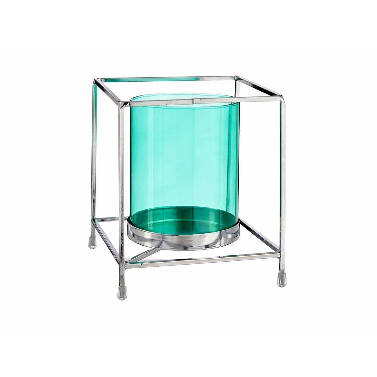 Portavelas Gift Decor Azul Plateado Plata Metal Vidrio 14 x 15,5 x 14 cm Cuadrado