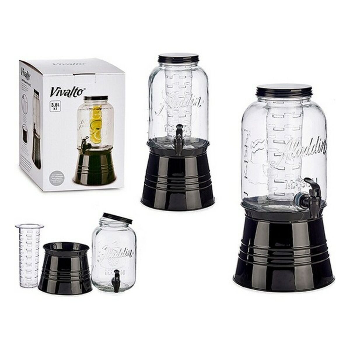 Jarra de Cristal Transparente Vivalto Negro Transparente Metal Cristal Plástico 3,8 L Enfriador