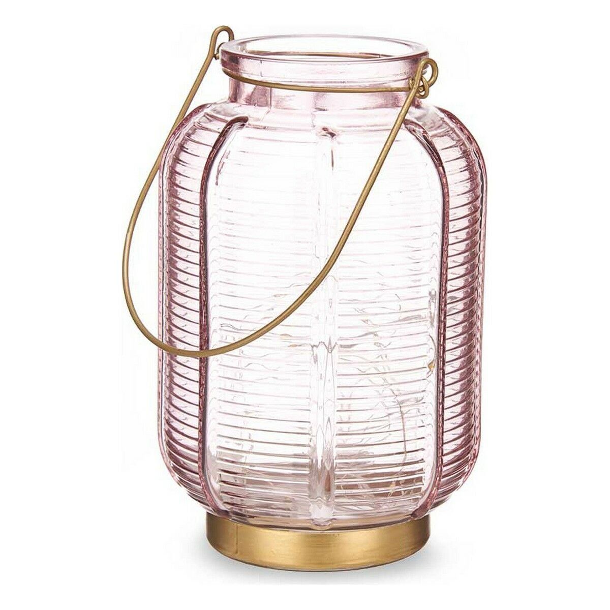 Farol LED Gift Decor Rosa Dorado Vidrio Rayas 13,5 x 22 x 13,5 cm