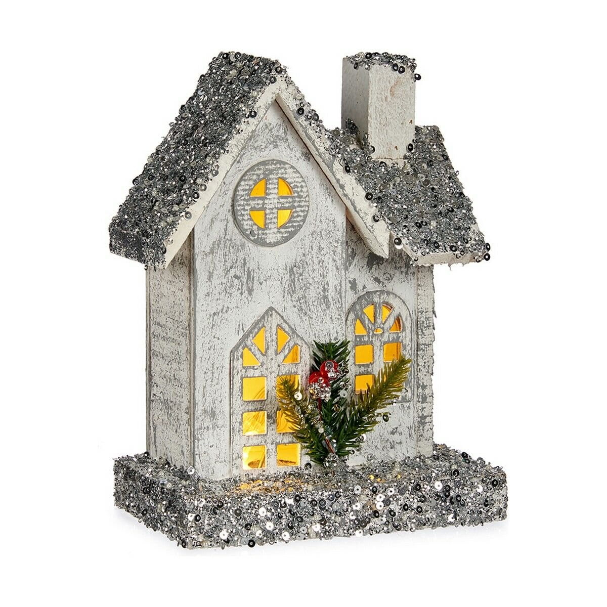 Figura Decorativa Krist+ Blanco Gris Purpurina Casa Navidad 19,5 x 25 x 9 cm Luz LED