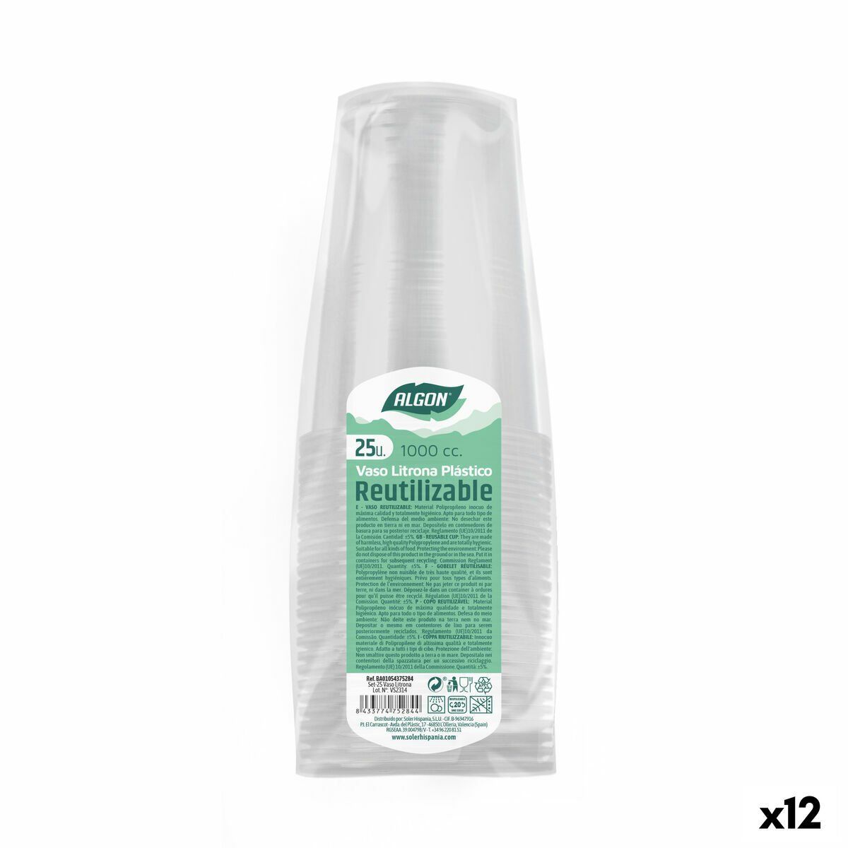 Set de vasos reutilizables Algon 1 L Transparente 12 Unidades (25 Piezas)