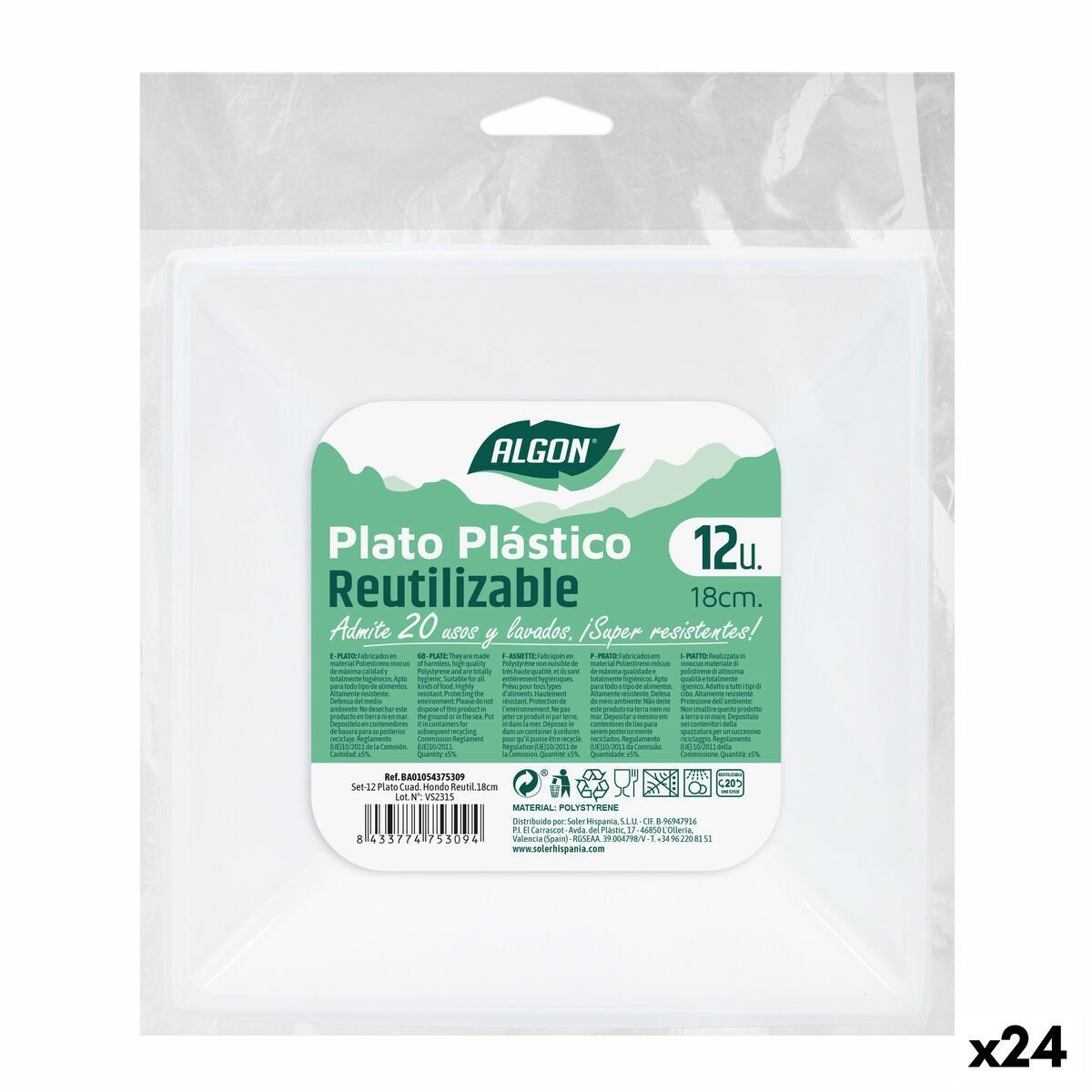 Set de platos reutilizables Algon Cuadrado Blanco Plástico 18 x 18 x 4 cm (24 Unidades)