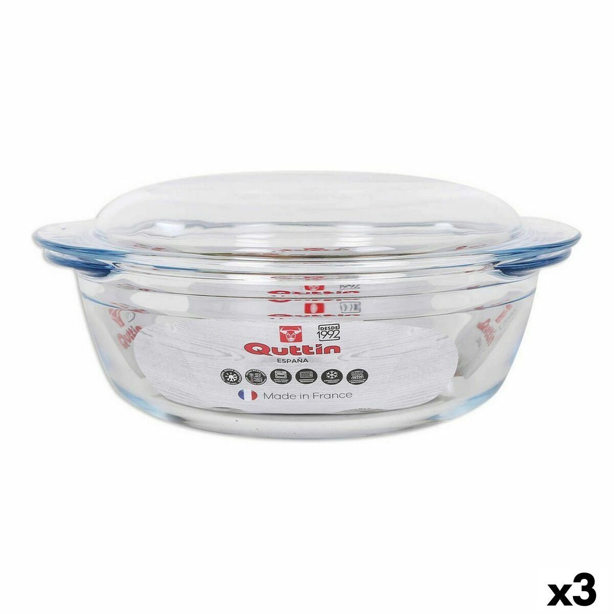 Cacerola Con Tapa Quttin Quttin Vidrio 2,2 + 0,8 L 26,5 x 23 x 11 cm (3 Unidades)