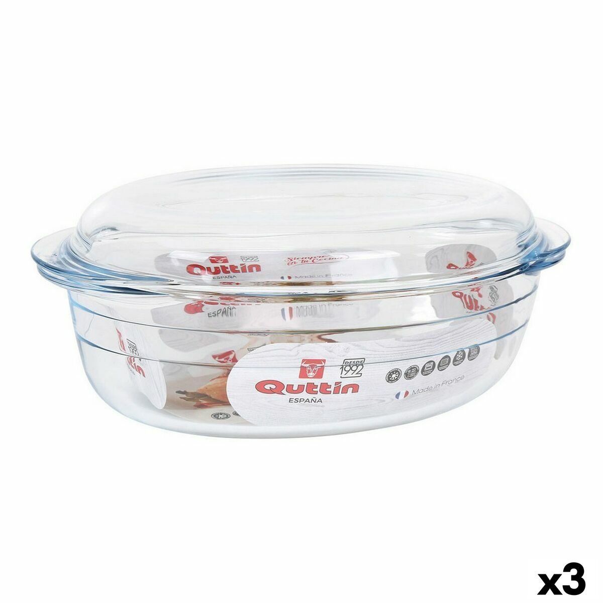Cacerola Con Tapa Quttin 63095 Vidrio 33 x 20 x 13 cm (3 Unidades)