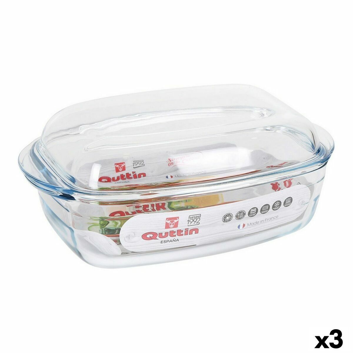 Cacerola Con Tapa Quttin 63096 Vidrio 32,8 x 19,7 x 13 cm (3 Unidades)
