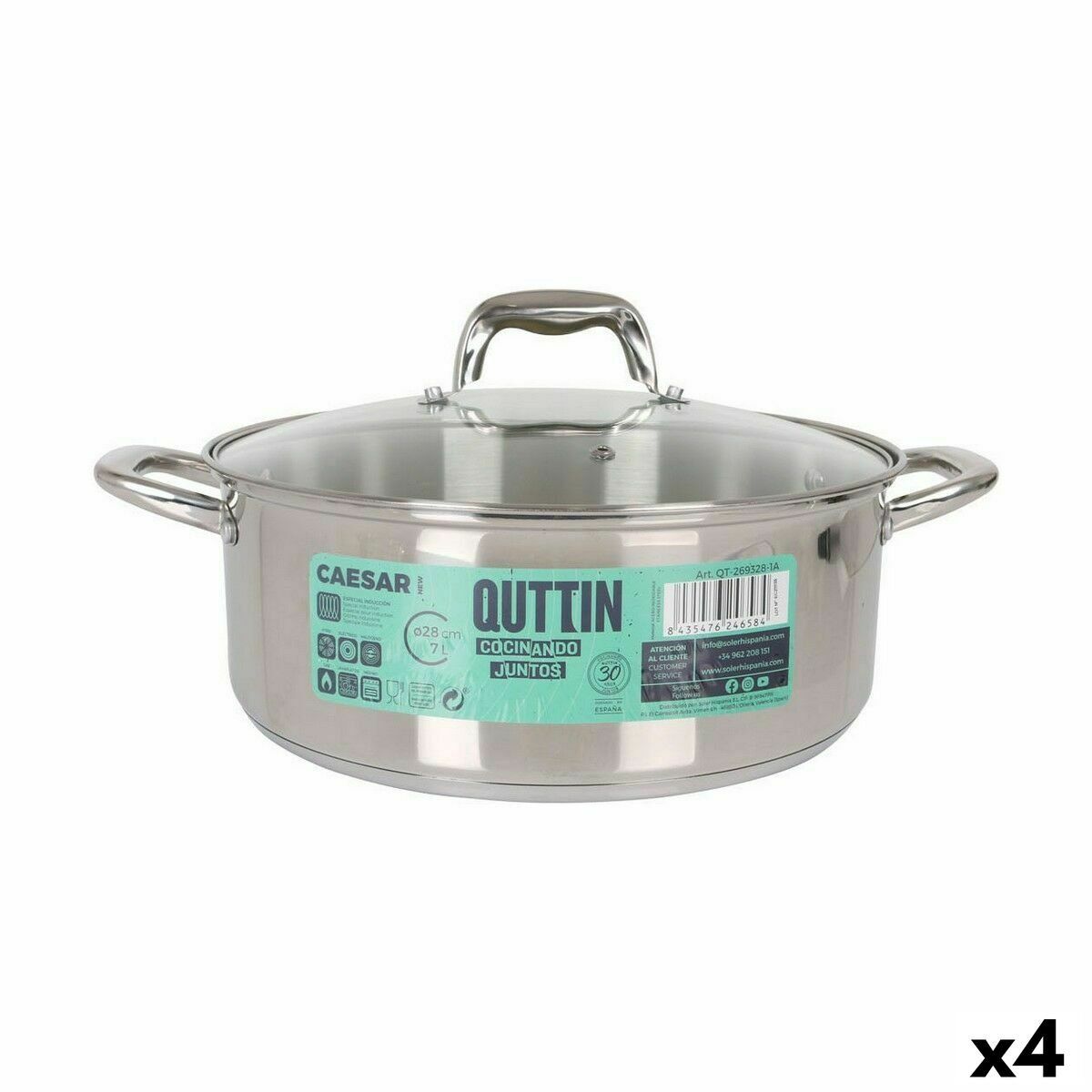 Cacerola con Tapa de Cristal Quttin Caesar Ø 28 x 11 cm Acero (4 Unidades)