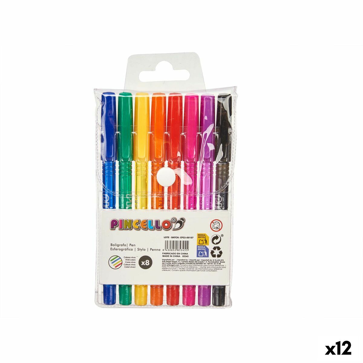 Set de Bolígrafos Pincello Amarillo Azul Negro Rojo Verde Multicolor Naranja Rosa Violeta (12 Unidades)