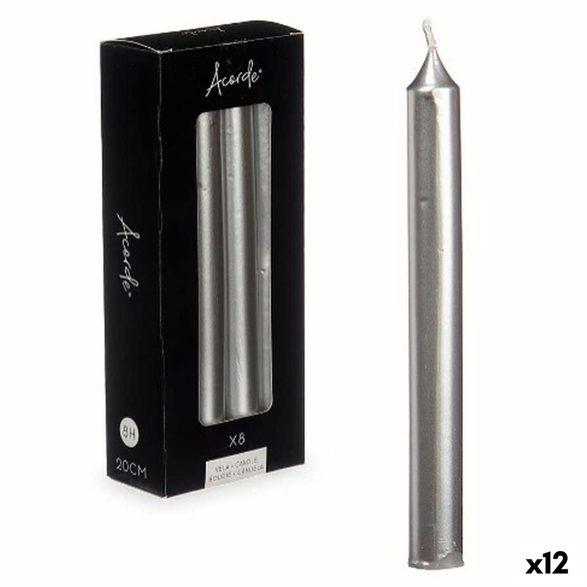 Set de Velas Acorde Plateado 2 x 2 x 20 cm 8,5 x 20,5 x 4,5 cm 9 x 21 x 4,5 cm (12 Unidades)