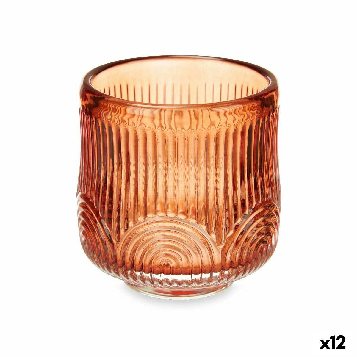 Portavelas Gift Decor Naranja Teja Cristal 7,5 x 7,8 x 7,5 cm Rayas (12 Unidades)