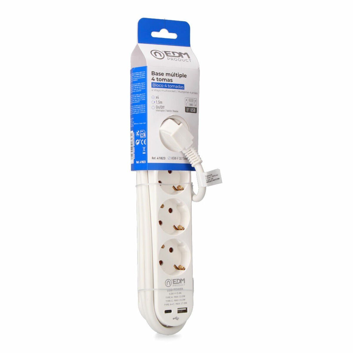 Regleta Enchufes 4 Tomas con interruptor EDM 41823 Blanco 3680 W 250 V 30 W (1,5 m)