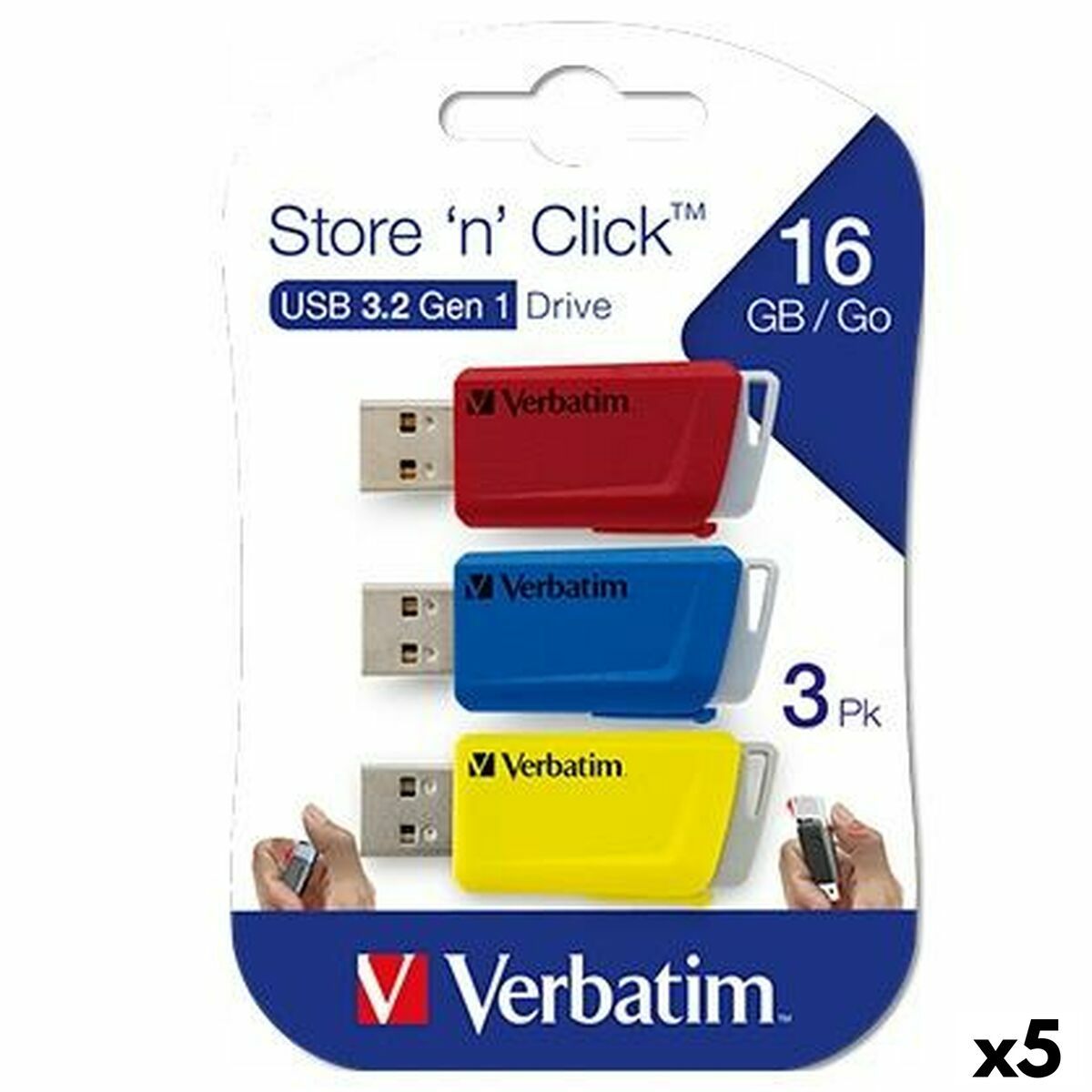 Memoria USB Verbatim STORE´N´CLICK Multicolor 16 GB 3 Piezas (5 Unidades)