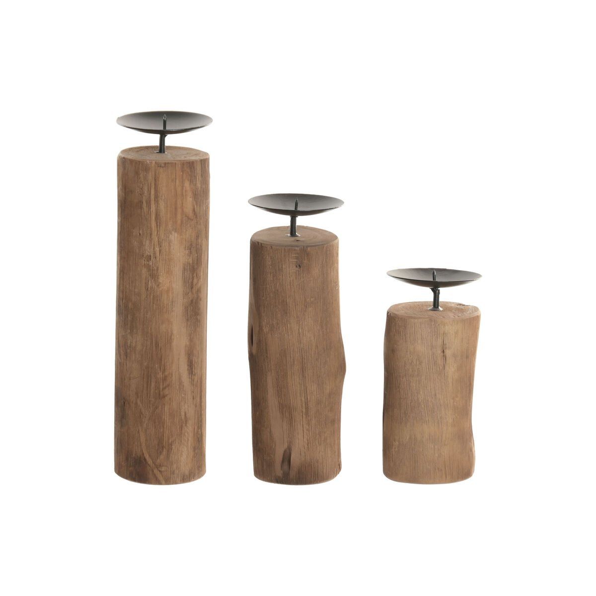 Set de Portavelas Home ESPRIT Marrón Negro Natural Hierro madera de teca 8 x 8 x 30 cm (3 Unidades)