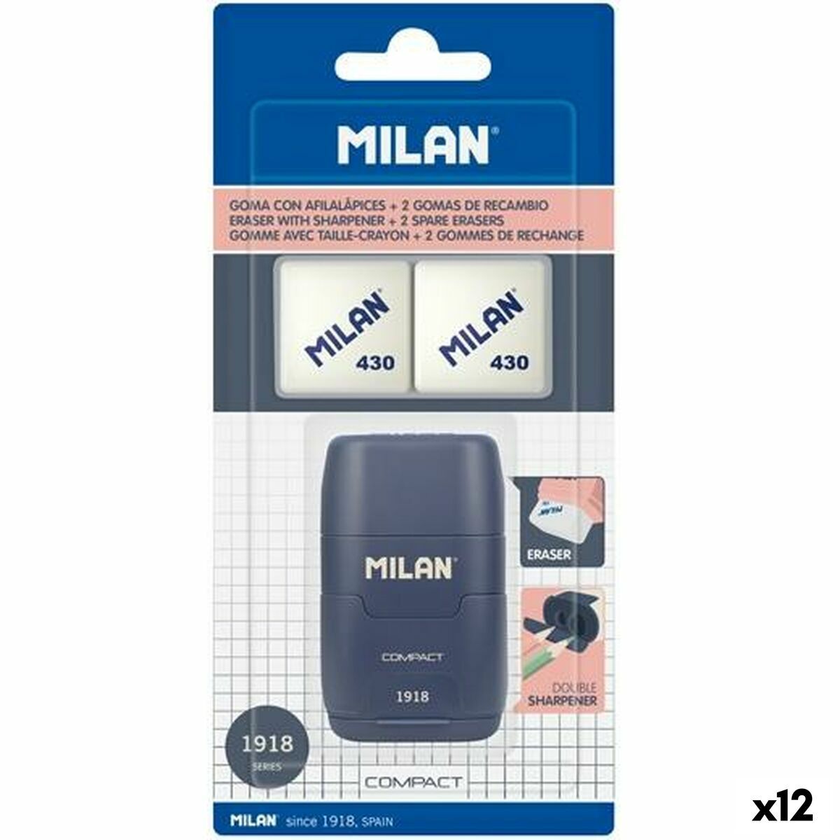 Portagomas Milan Azul Sacapuntas (12 Unidades)
