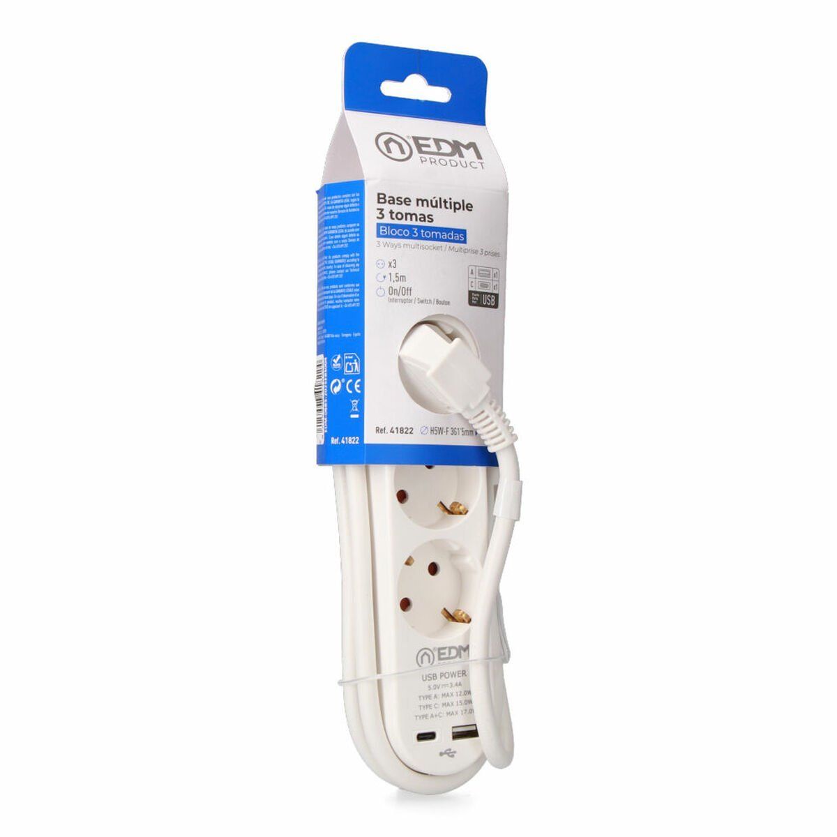Regleta Enchufes 3 Tomas con Interruptor EDM 41822 Blanco 3680 W 250 V 30 W (1,5 m)