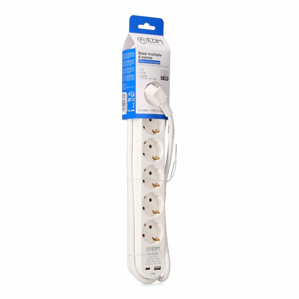 Regleta Enchufes 6 Tomas con Interruptor EDM 41825 Blanco 3680 W 250 V 30 W (1,5 m)