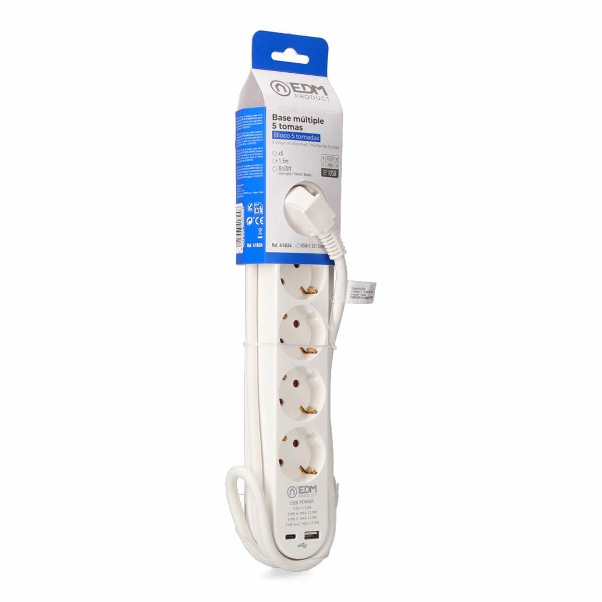 Regleta Enchufes 5 Tomas con Interruptor EDM 41824 Blanco 3680 W 250 V (1,5 m)