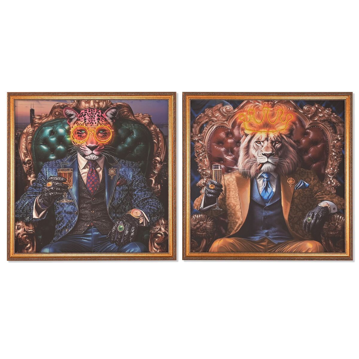 Lienzo Home ESPRIT Amarillo Azul Dorado Leopardo León Loft 100 x 4 x 100 cm (2 Unidades)