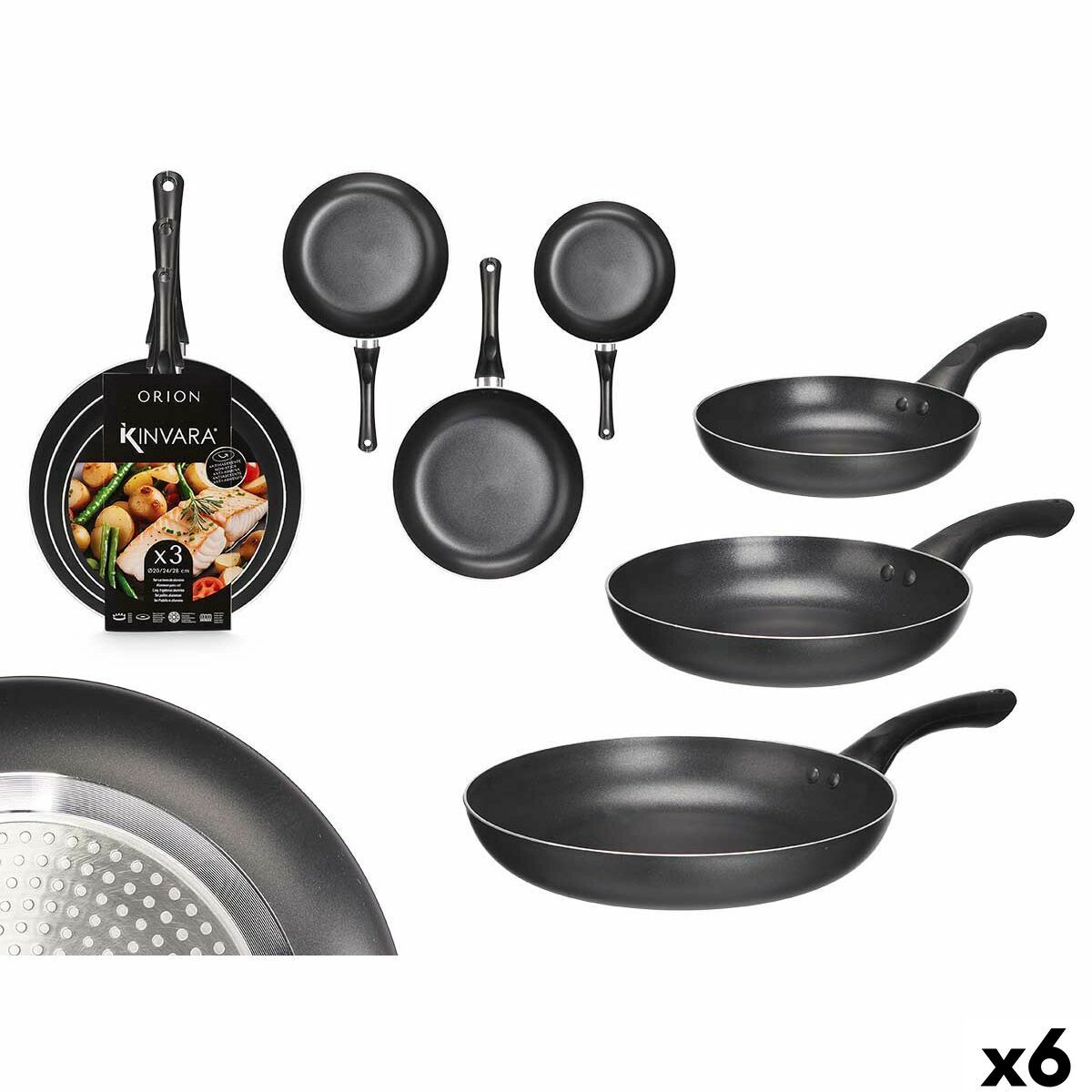 Set de Sartenes Kinvara Negro Aluminio Baquelita 20 x 4 cm 28 x 5 cm 24 x 4,5 cm 28,5 x 46 x 14,5 cm (6 Unidades)
