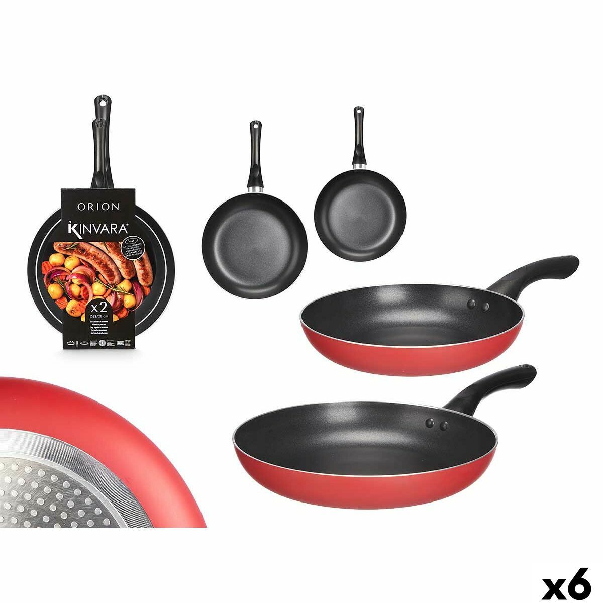 Set de Sartenes Kinvara Negro Rojo Aluminio Baquelita 22,5 X 4,3 cm 26 x 4,7 cm 26,5 x 44 x 8,5 cm (6 Unidades)