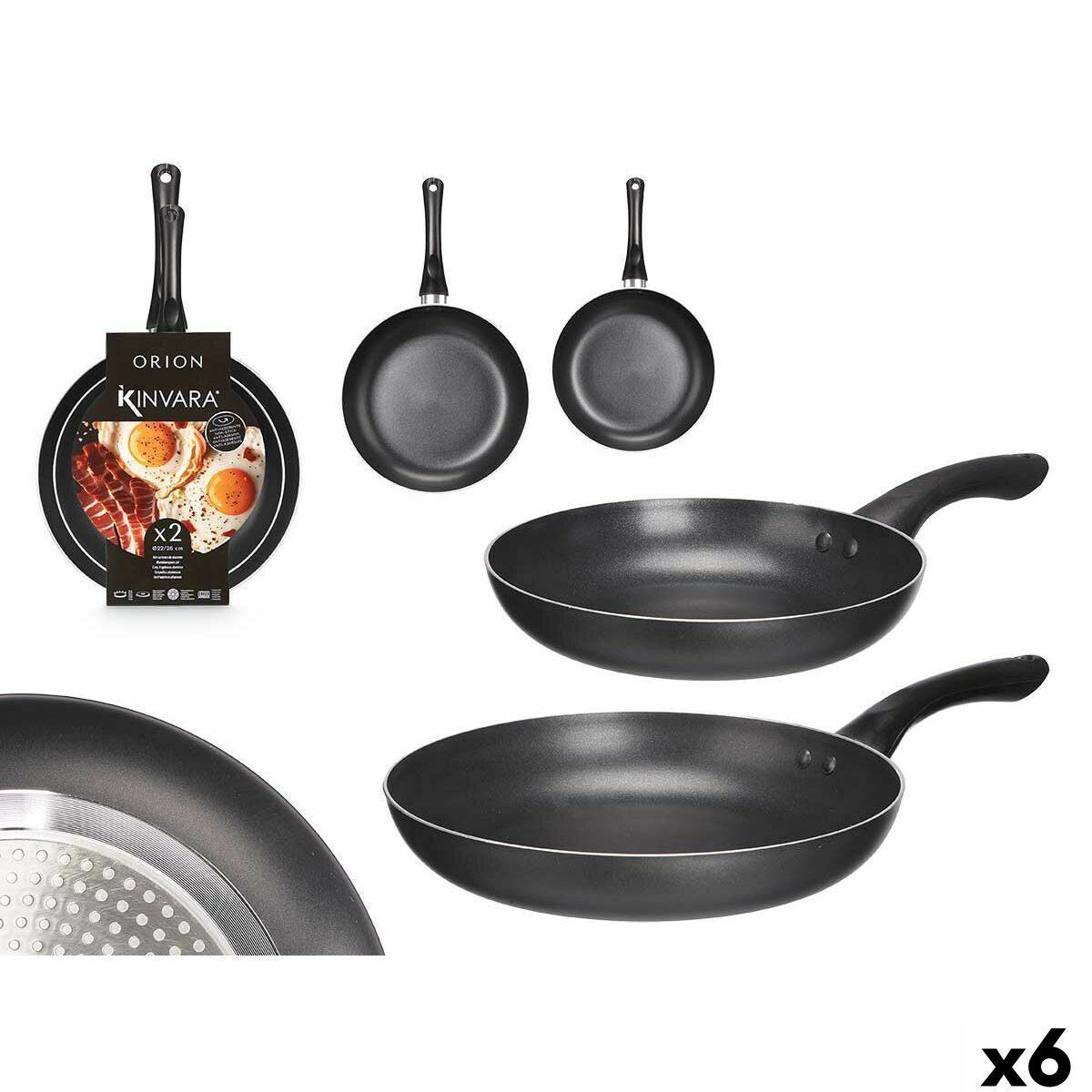 Set de Sartenes Kinvara Negro Aluminio Baquelita 22,5 X 4,3 cm 26,4 x 4,7 cm 26,5 x 44 x 8,5 cm (6 Unidades)
