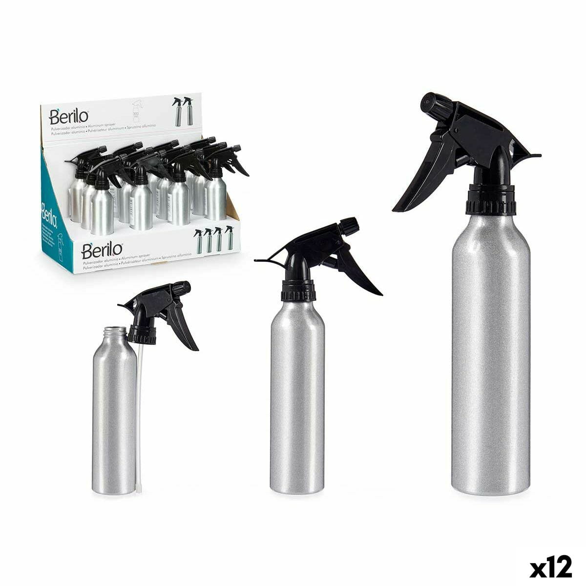 Botella Pulverizadora Berilo Negro Plateado Aluminio Polipropileno 300 ml (12 Unidades)